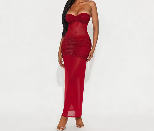 Women Sexy Strapless Sparkly Mesh Maxi Dress