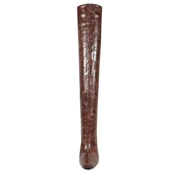 Women Color Faux Leather Square Toe Fashion Knee High Boots