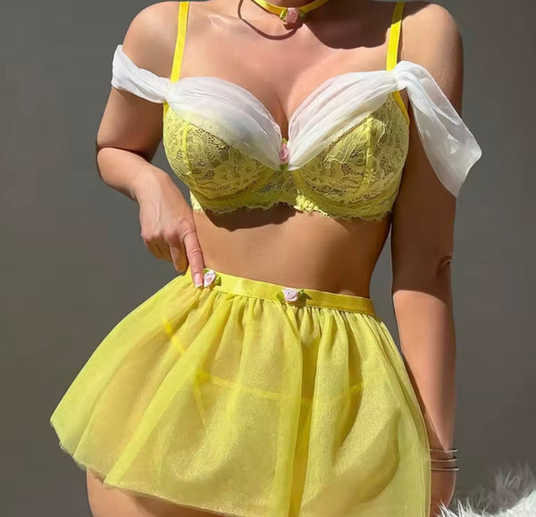 Women Sexy Yellow Choker Chain Lingerie Set