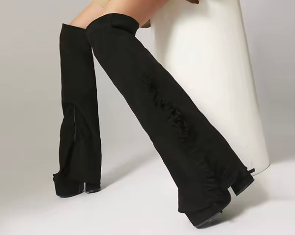 Women Black Fringe Fashion Knee High Platform Boots