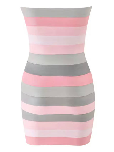 Women Sexy Striped Strapless Faux Leather Dress
