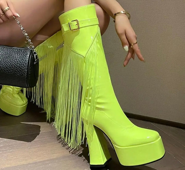 Women Platform Fringe Tassel Fashion Patent Leather Boots