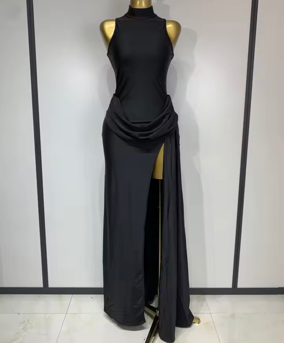 Women Sexy Sleeveless Solid Color Ruched Side Split Maxi Dress