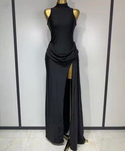 Women Sexy Sleeveless Solid Color Ruched Side Split Maxi Dress