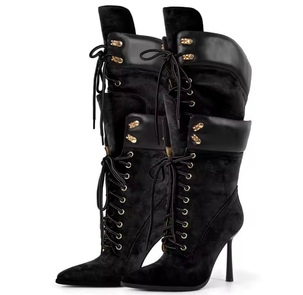 Women Color Suede Tie Up High Heel Knee Length Boots