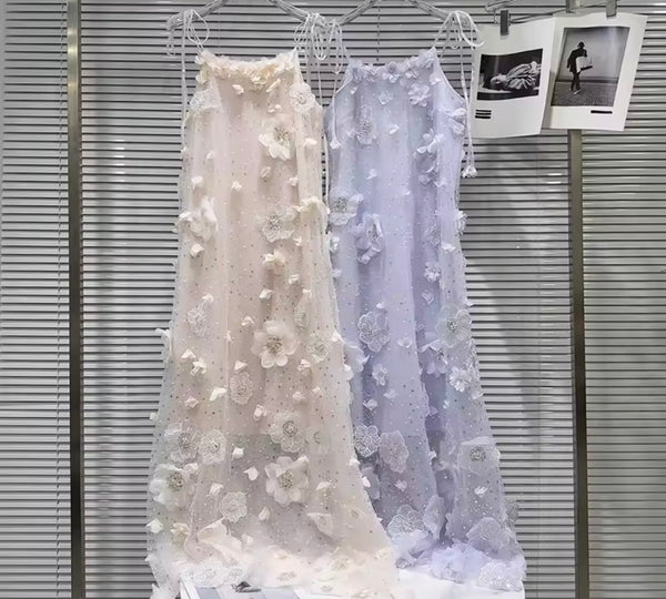 Women Sleeveless Sequins Floral Sexy Mesh Maxi Dress