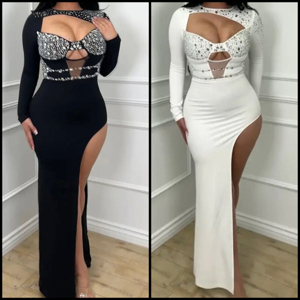 Women Sexy Bling Cut Out Full Sleeve Side Split Maxi Dress