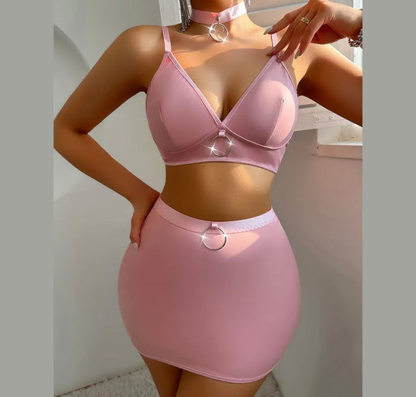 Women Pink Choker Mesh Sexy Lingerie Set