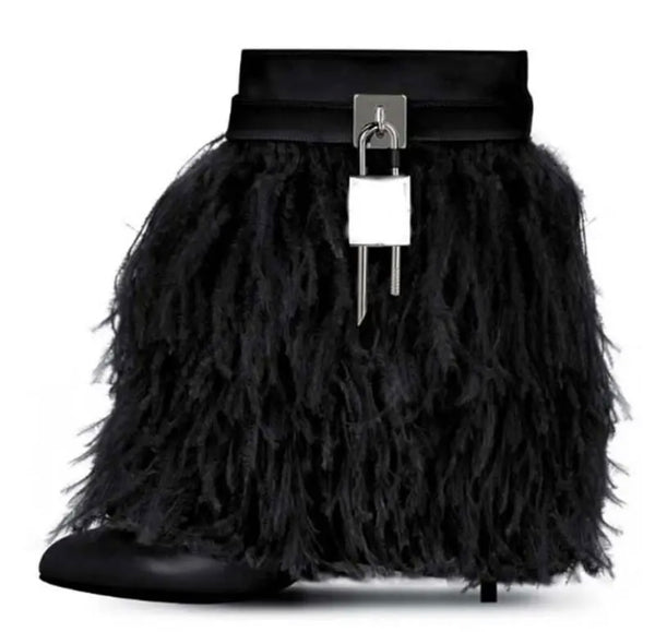 Women Fashion Faux Fur Buckled Lock High Heel Ankle Boots