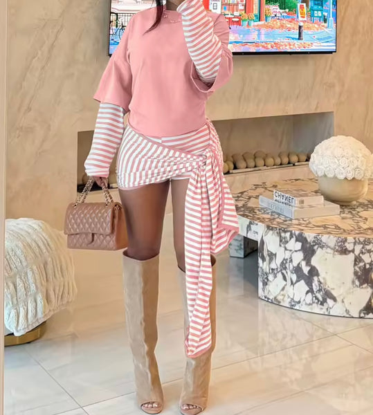 Women Color Striped Full Sleeve Fashion Two Piece Wrap Skirt Set