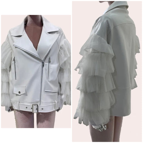 Women White Fashion Ruffled Faux Leather Jacket