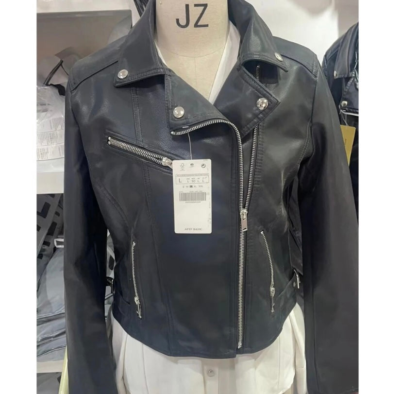 Women Fashion Zipper Color Faux Leather Jacket