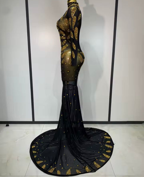 Women Sexy Black Bling Mesh Full Sleeve Maxi Dress