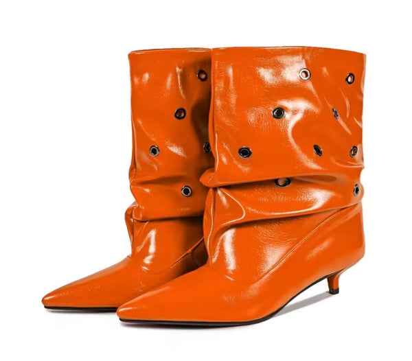 Women Color Pointed Toe Rivet Ruched Fashion Ankle Boots