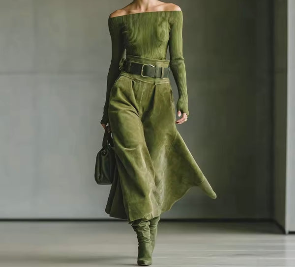 Women Green Ribbed Off The Shoulder Two Piece Suede Pant Set