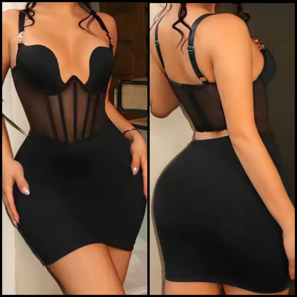 Women Sexy Black Metal Sleeveless Mesh Patchwork Dress