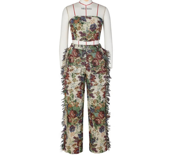 Women Sexy Fashion Strapless Floral Print Fringe Two Piece Pant Set