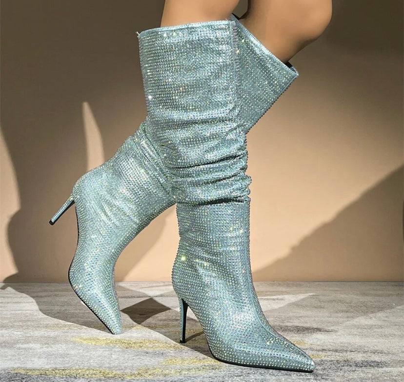Women Pointed Toe High Heel Bling Ruched Fashion Knee High Boots