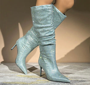 Women Pointed Toe High Heel Bling Ruched Fashion Knee High Boots