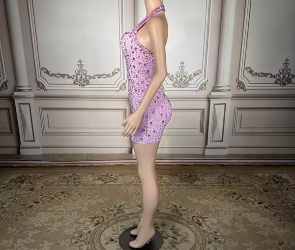 Women Sexy Halter Sleeveless Pink Crystal Rhinestone Dress