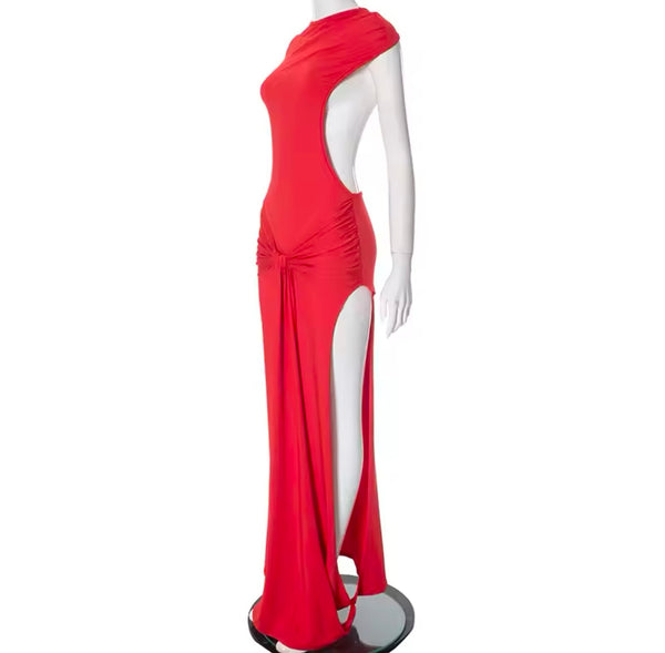 Women Sexy Red Short Sleeve Open Back Side Split Maxi Dress