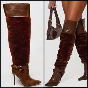 Women Fashion Brown Faux Leather Fur Patchwork Knee High Boots