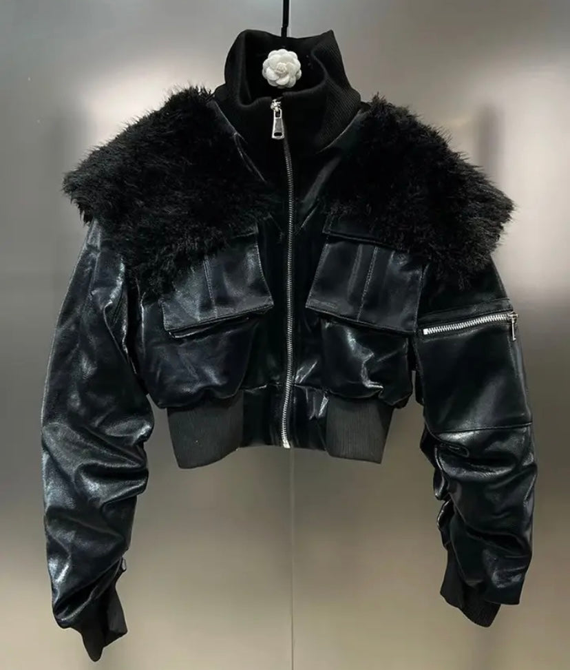 Women Fashion Faux Fur Patchwork Pocket Zipper Jacket