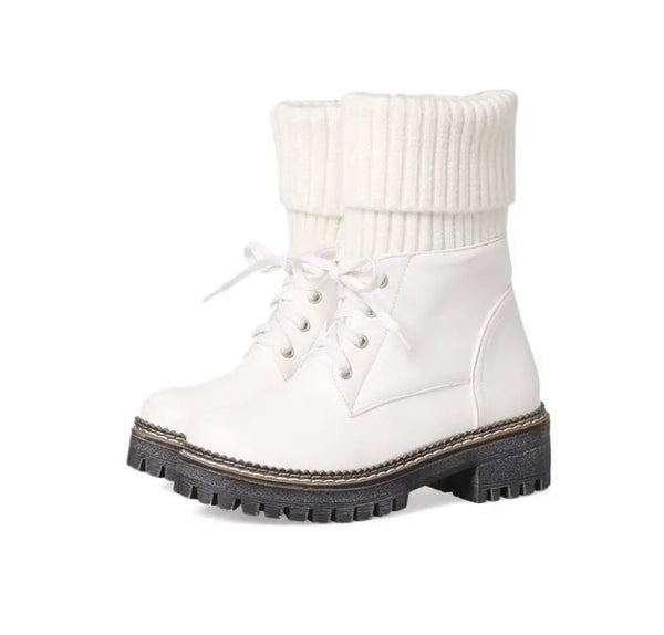 Women Color Fashion Knitted Faux Leather Lace Up Ankle Boots