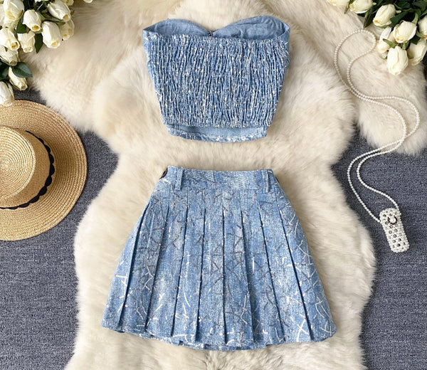 Women Sexy Strapless Sequins Patchwork Denim Two Piece Skirt Set