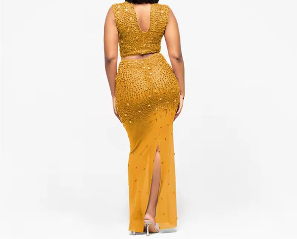 Women Sexy Color Sleeveless Crystal Mesh Two Piece Maxi Skirt Set
