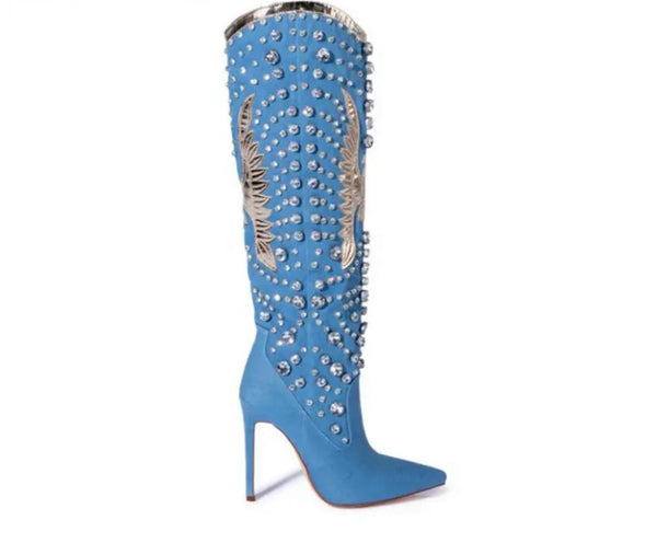 Women Fashion Denim Rivet Western High Heel Boots