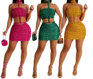 Women Sexy Halter Sleeveless Crystal PU Dress
