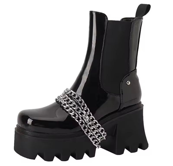 Women Black Fashion Chain Platform Ankle Boots