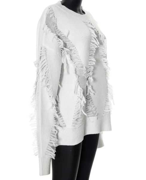 Women White Fashion Fringe Full Sleeve Sweater Top