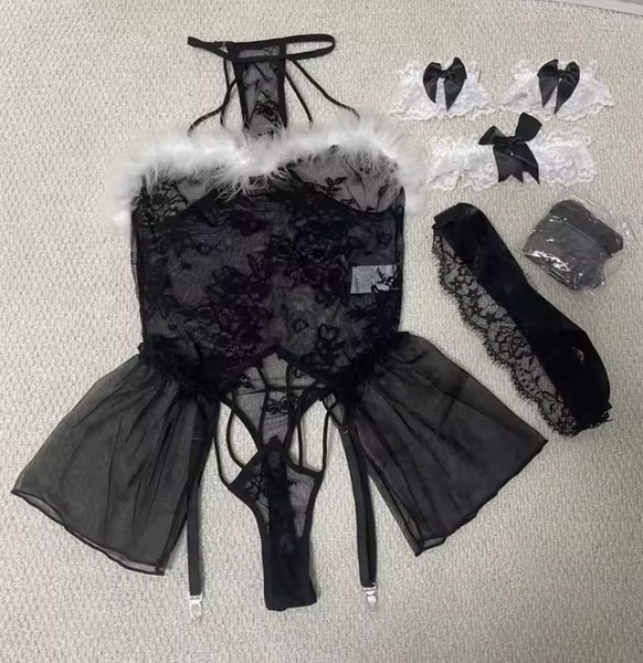 Women Sexy B&W Feather Lace Bodysuit Lingerie Set