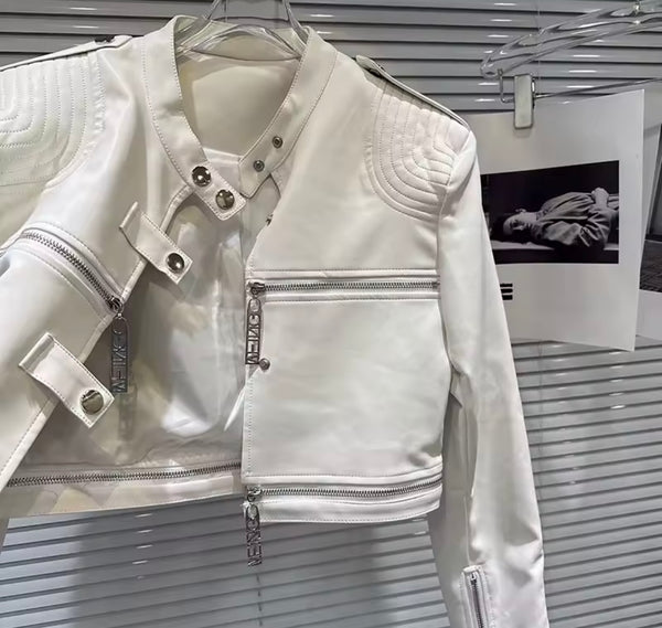 Women Fashion Faux Leather Jacket Two Piece Short Set