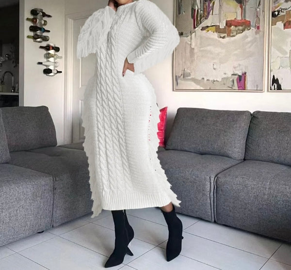 Women Full Sleeve Fringe Fashion Sweater Maxi Dress