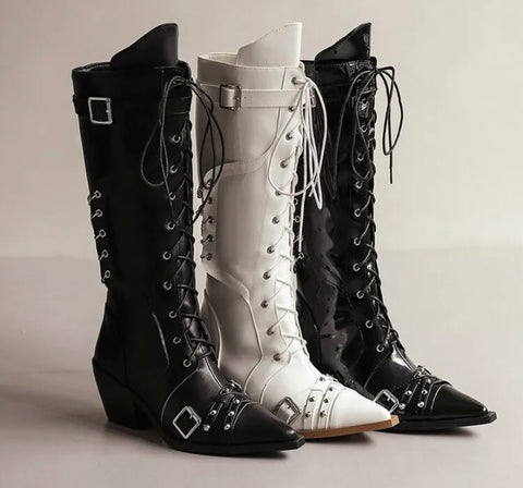 Women Fashion Pointed Toe Buckled Chain Lace Up Knee High Boots