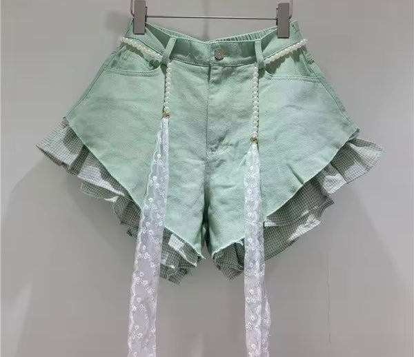 Women Fashion Plaid Ruffle Color Denim Shorts