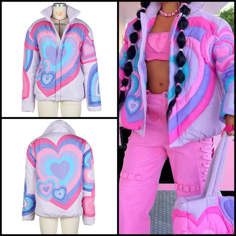 Women Fashion Multicolored Heart Print Puff Jacket
