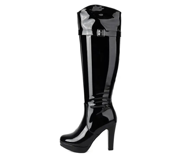 Women Fashion Round Toe Patent Leather Platform Knee High Boots
