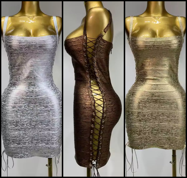 Women Sexy Sleeveless Lace Up Side Metallic Bandage Dress