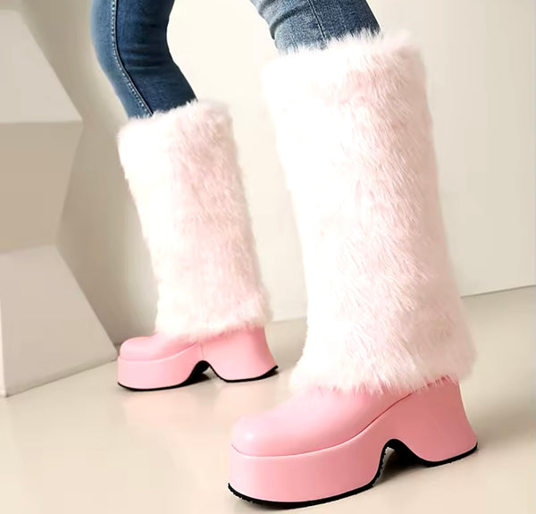 Women Color Fashion Furry Faux Leather Platform Knee High Boots