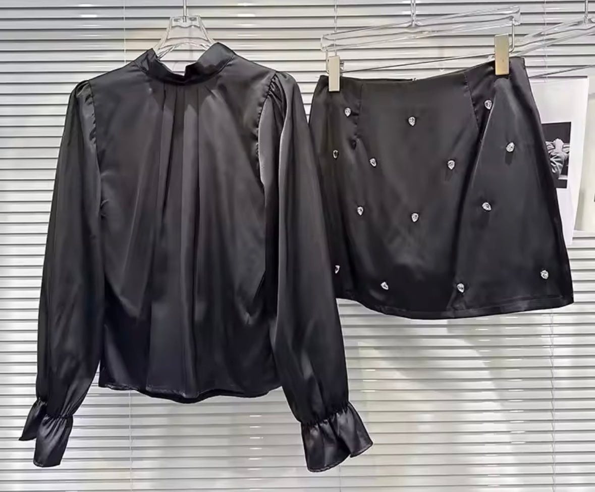Women Sexy Satin Rhinestone Full Sleeve Two Piece Skirt Set