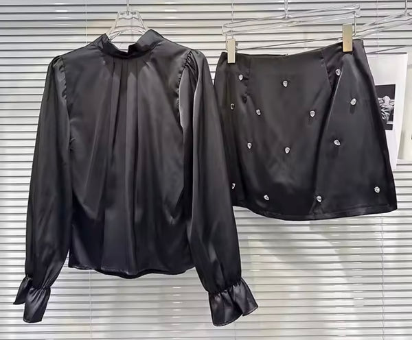 Women Sexy Satin Rhinestone Full Sleeve Two Piece Skirt Set