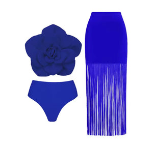 Women Sexy Color 3D Floral Bikini Tassel Cover Up Set