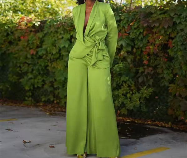Women Color Fashion Tie Up Blazer Two Piece Wide Leg Pant Set