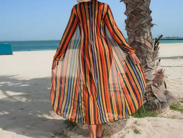 Women Sexy Multicolored Striped Bikini Cover Up Set