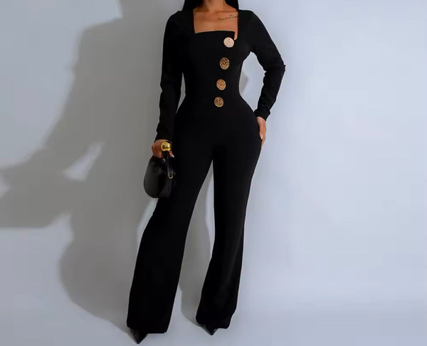 Women Color Button Full Sleeve Fashion Jumpsuit