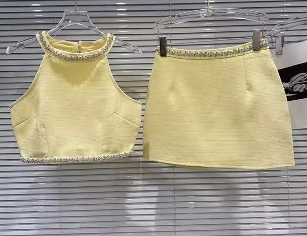 Women Sleeveless Rhinestone Two Piece Tweed Skirt Set